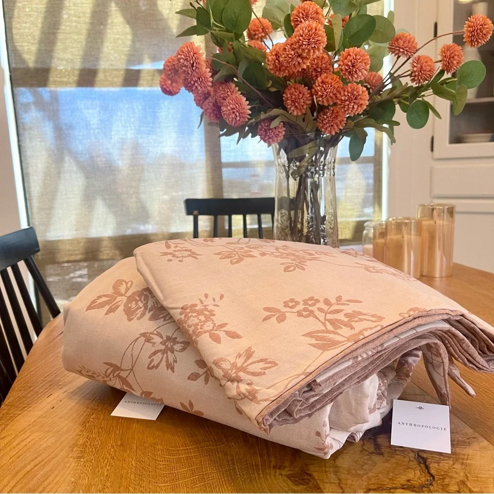 NEW Anthro Pink Floral Jacquard Queen King Linen Cotton Bedding Duvet & Sham Set